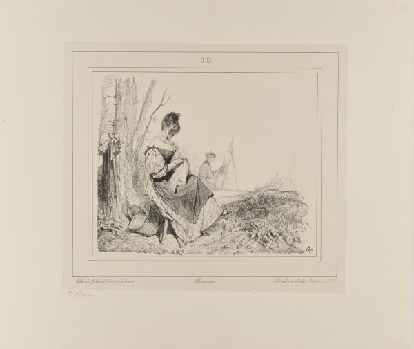 SKETCH OF WOMAN SEWING AND MAN PAINTING OUTDOORS