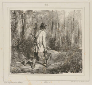 Sketch of a gamekeeper returning from a hunt