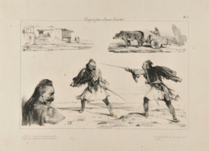 Sketches of a Turkish village, a cart, Greek head, and two Albanians dueling