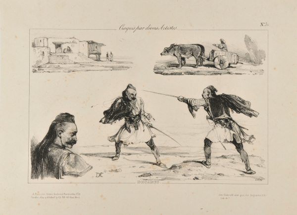 Sketches of a Turkish village, a cart, Greek head, and two Albanians dueling