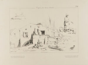 Sketches of a well, a woman feeding chickens, and children in front of a farmhouse