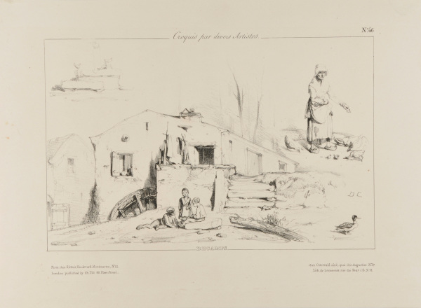 Sketches of a well, a woman feeding chickens, and children in front of a farmhouse