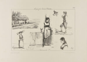 Sketches of a chalet, goat, man smoking pipe, and Swiss women