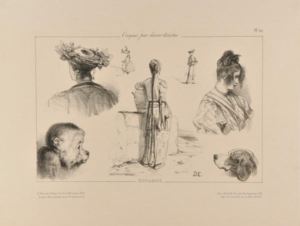 Sketches of French and Turkish women, a monkey, and a dog