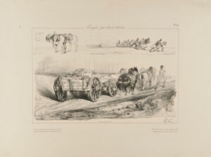 Sketches of tow horses, men hauling a boat, and horses pulling a cart