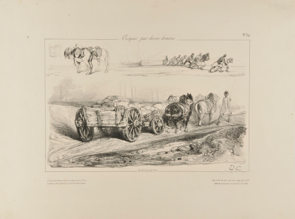Sketches of tow horses, men hauling a boat, and horses pulling a cart