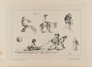 Sketches of a monk, a dog, man on a donkey, woman with fashionable hairdo, chlidren playing with a cart, and a peasant woman