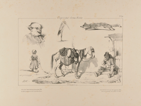 Sketches of a head of a cantor, a heron, a fox, a little girl, and hitched horse with man eating bread