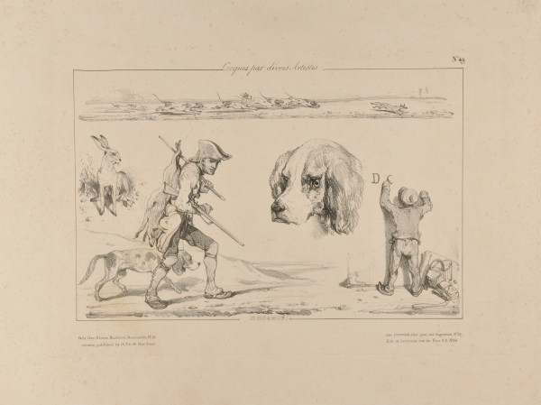 Sketches of fox hunting, a rabbit, a dog, and a child drawing on a wall