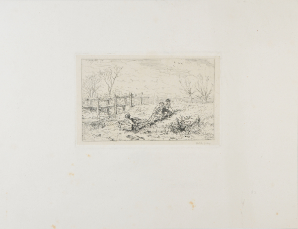 WINTER LANDSCAPE: CHILDREN PULLING A CART