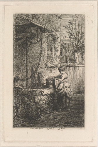 YOUNG WOMAN HOLDING A BUCKET AT THE EDGE OF A WELL