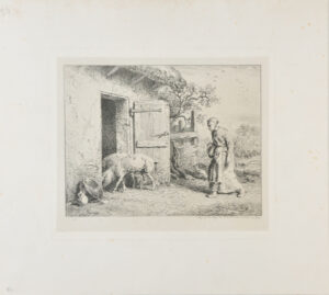 Femme faisant rentrer des porcs dans une porcherie