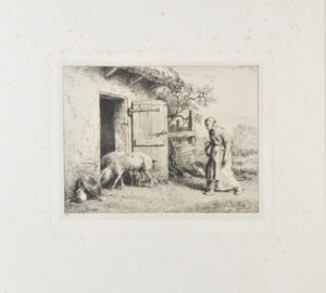 Femme faisant rentrer des porcs dans une porcherie