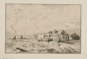 Paysage: Chariot attelé de boeufs