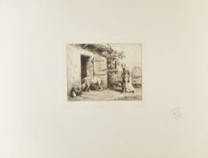 Femme faisant rentrer des porcs dans une porcherie