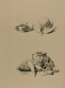 Wooden shoes and a hat, vegetables and a jug