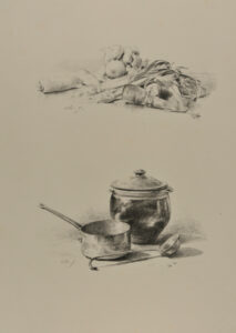 Onions and carrots, two pots and a ladle