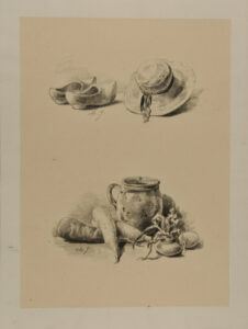 Wooden shoes and a hat, vegetables and a jug
