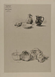 Two jugs, a bottle, and bowl and three baskets