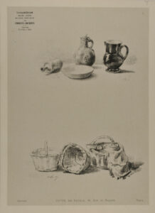 Two jugs, a bottle, and bowl and three baskets