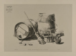 Two barrels, a broom, basket, and jug