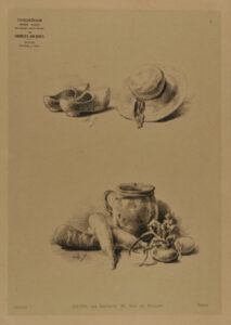 Wooden shoes and a hat, vegetables and a jug
