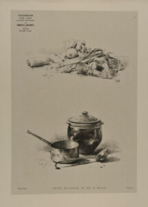 Onions and carrots, two pots and a ladle