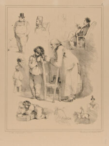 Sheet of sketches: Old man and young boy in the center