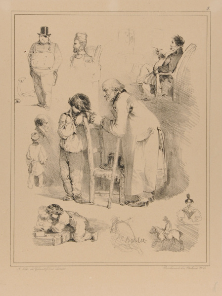 SHEET OF SKETCHES: OLD MAN AND YOUNG BOY IN THE CENTER