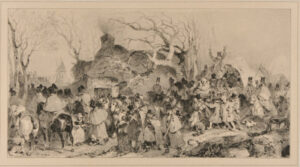 Army on the road, windmill in the background