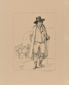 Man with walking stick, horses in the background