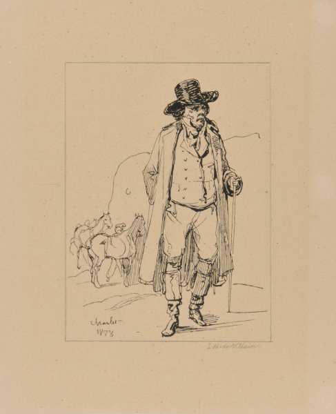 MAN WITH WALKING STICK, HORSES IN THE BACKGROUND