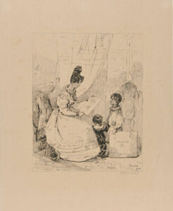 Child showing his drawings to a woman