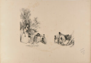 Sheet of two sketches: young woman with children; seated old man with child