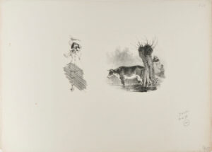 Sheet of sketches: man in plumed hat; cow