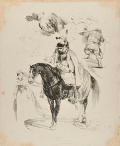 Sheet of sketches: soldier on horseback in center