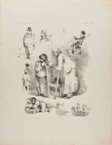 Sheet of sketches: old man and young boy in the center