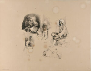 Sheet of five sketches: head of a man; boy from the back; seated arab; woman; beggar
