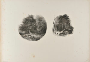 Sheet of two sketches: children with a cow; children in the woods