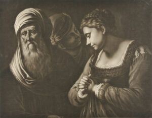 Three figures, including woman with clasped hands
