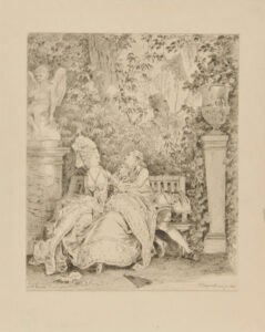 Man and woman sitting on a bench in garden
