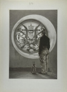 Pompier regardant par un oeil-de-boef, grillé d’une lyre