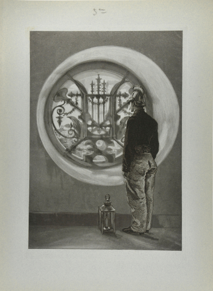 Pompier regardant par un oeil-de-boef, grillé d’une lyre