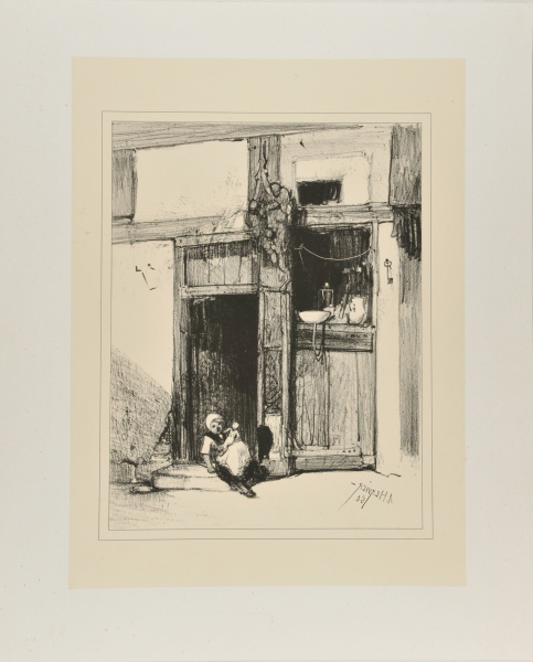 CHILD HOLDING A DOLL, SEATED IN A DOORWAY