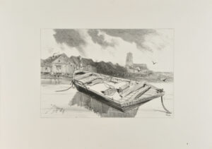 Moored Boat with View of a Village in the Background