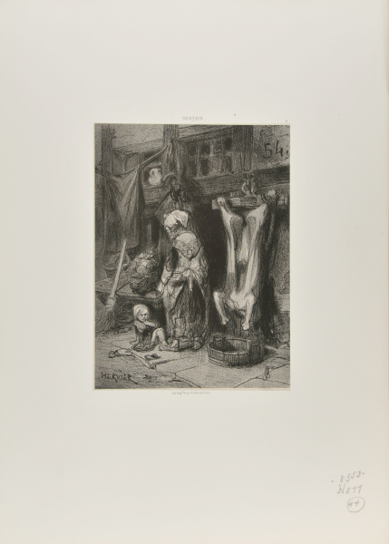 WOMAN AND CHILD IN FRONT OF BUTCHER SHOP