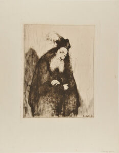 Old man with plumed hat, arms folded in front