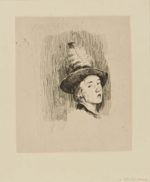 Boy wearing plumed hat, with mouth open