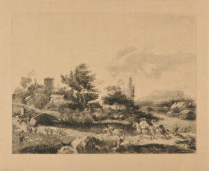 Three Horsemen Riding toward a Village