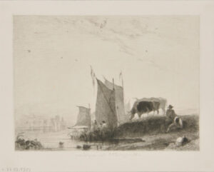 Cows grazing by water with ships